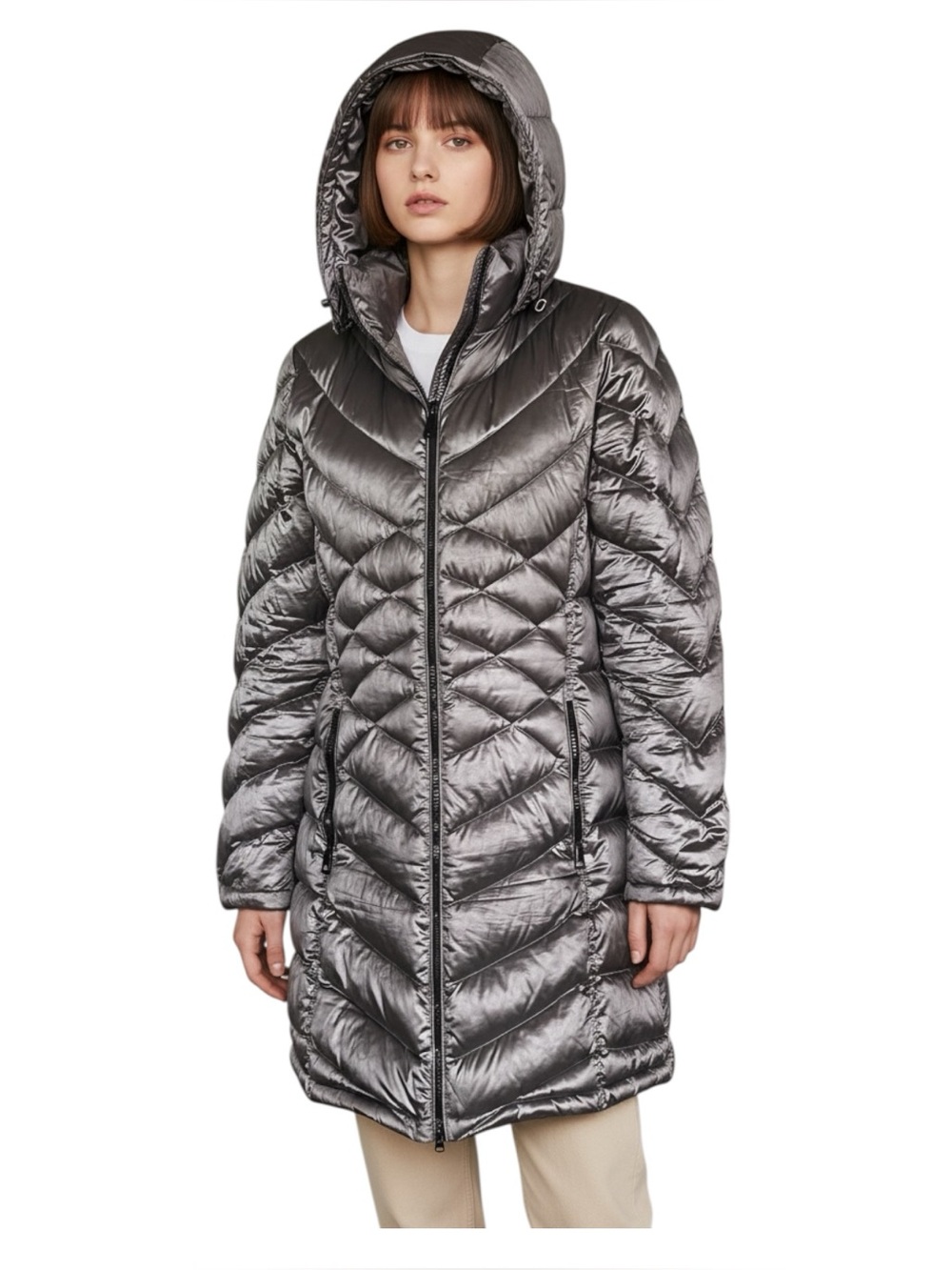 Calvin Klein Metallic Grey Chevron Quilted Hooded Puffer Packable Down Coat.SZ.M